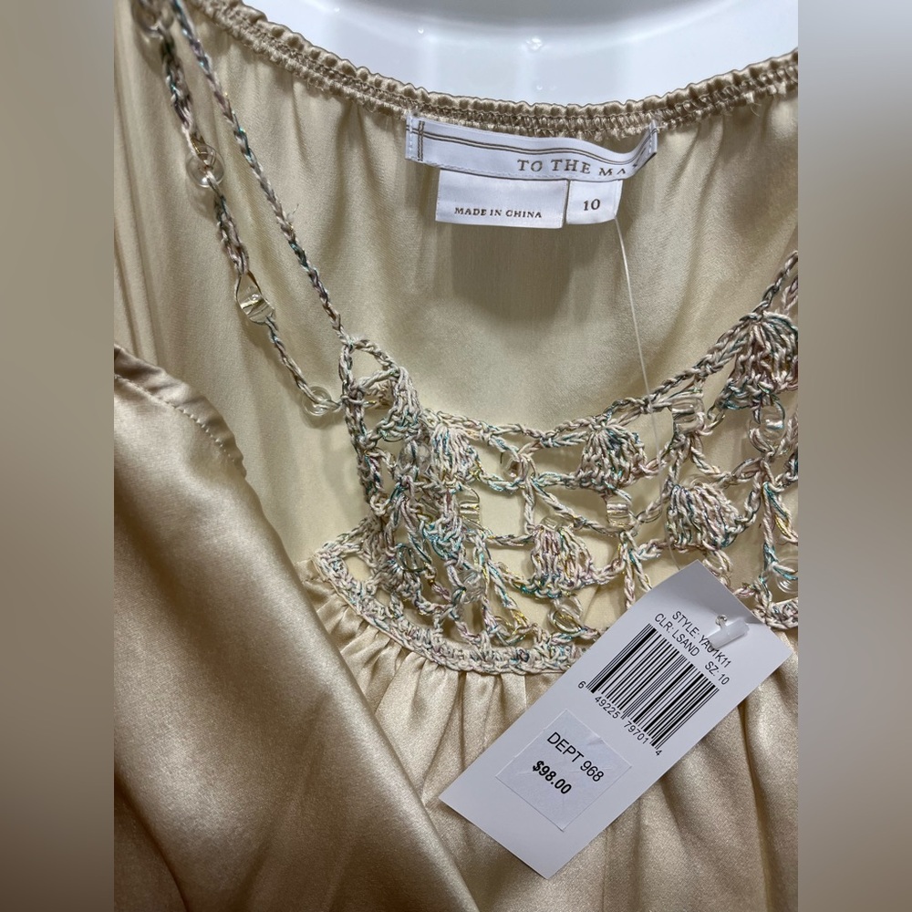 To the Max-tank blouse/tie waist/beige silk beaded rope straps/front. W size 10. - Picture 7 of 10